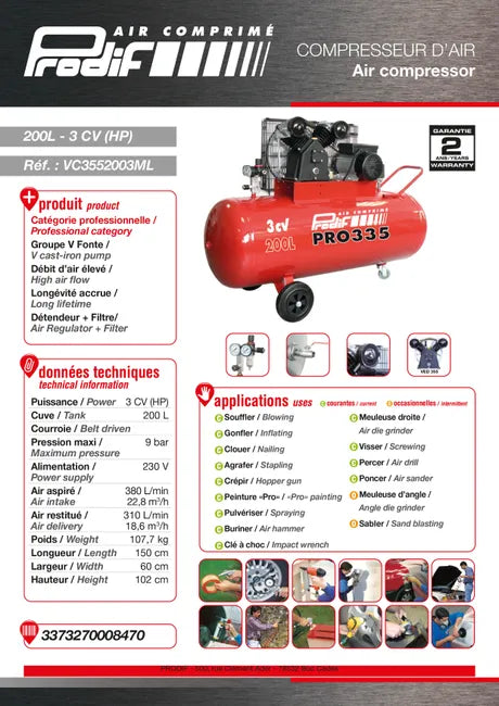 Compresseur de chantier PRODIF 200 l 3 cv