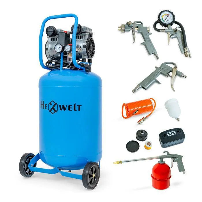 Compresseur à huile HEXWELT 50L 1500W – 8 BAR | 2 Cylindres | Kit Pneumatique Complet 5-en-1