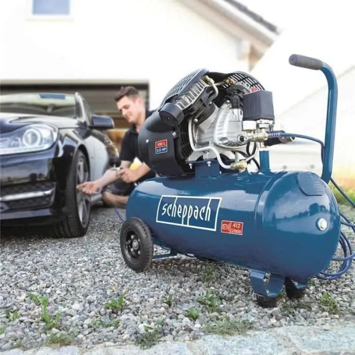 Compresseur d'air horizontal Scheppach HC120DC – 100 L | 2200 W | 10 BAR | 3 CV | Double cylindre lubrifié