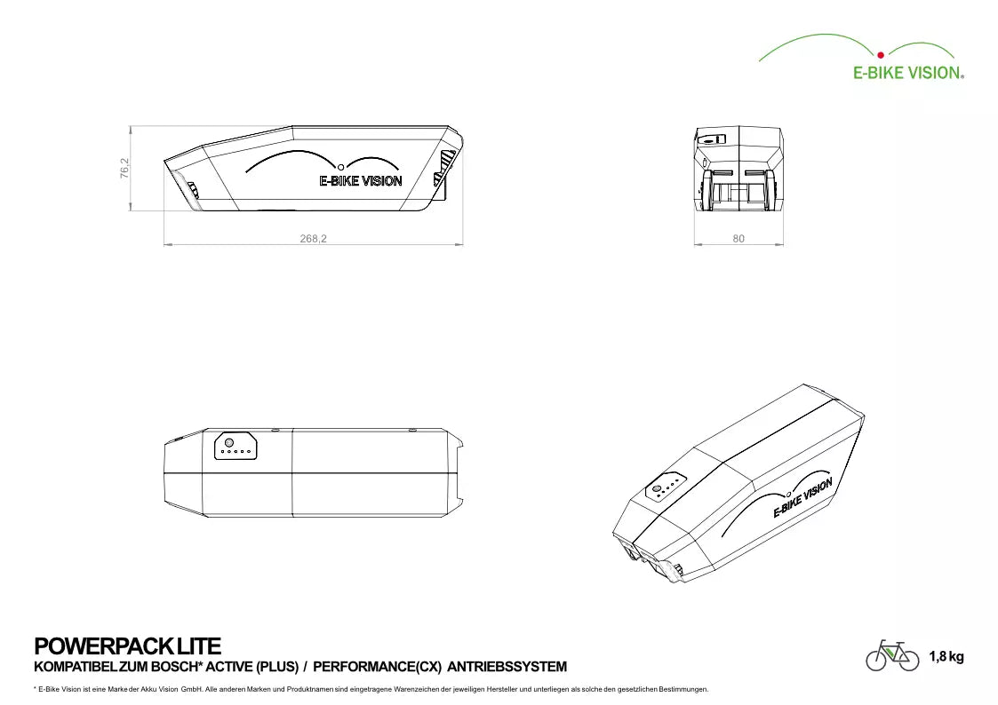 E-Bike Vision - EBV Batterie de cadre Powerpack Lite compatible Bosch Active/Performance 36 V 360 Wh